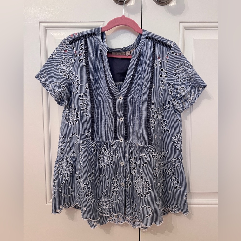 Anthropologie Embroidered Blue and White Henley Blouse